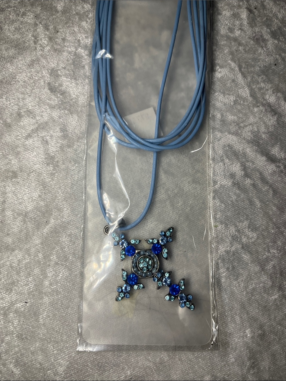 Lia Sophia Divinity Blue Crystal Rhinestone Cross Necklace Y2K NIP